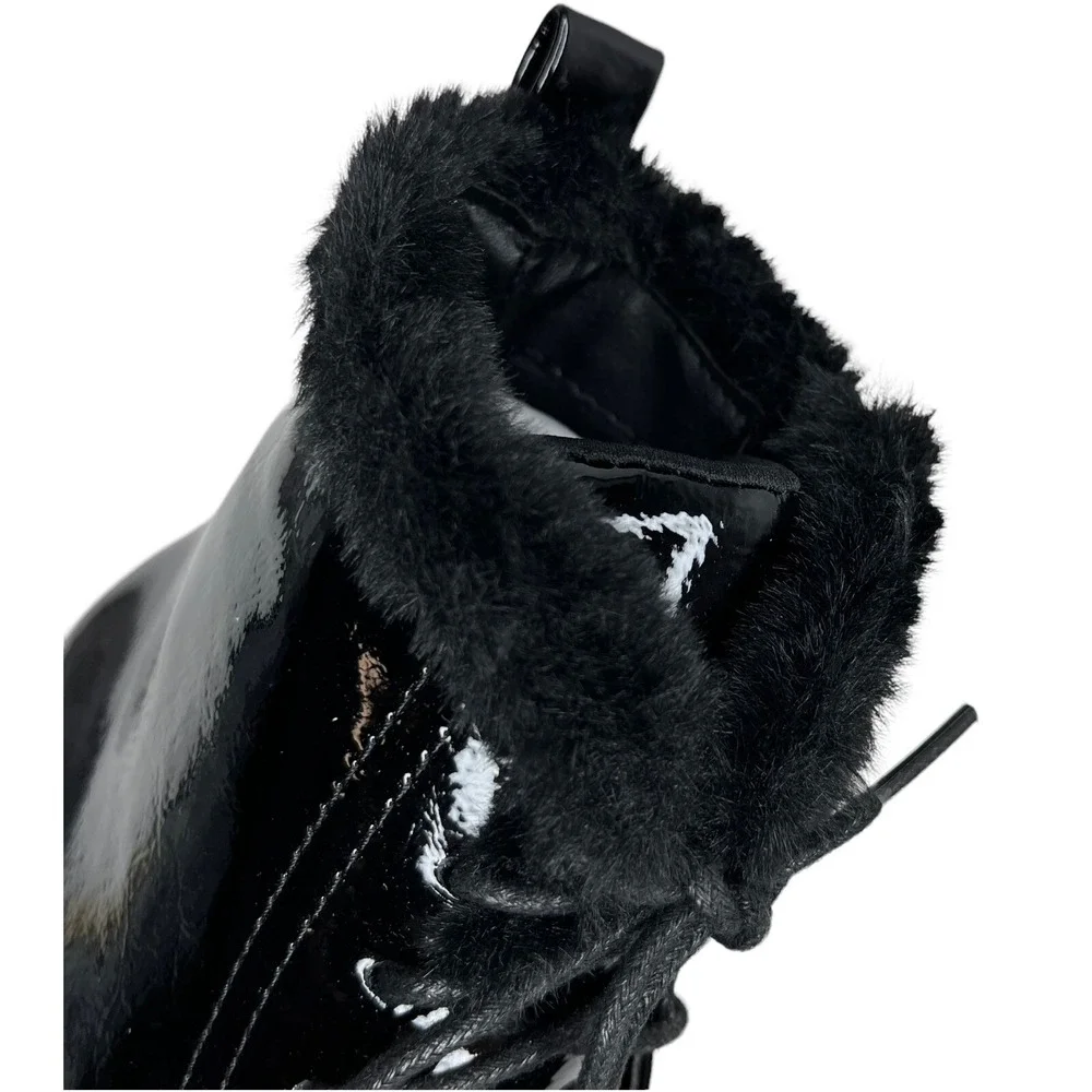 Mia Youth Girls Fashion‎ Boot Size 2Y Black Glitter Accent Faux Fur Trim Lace up